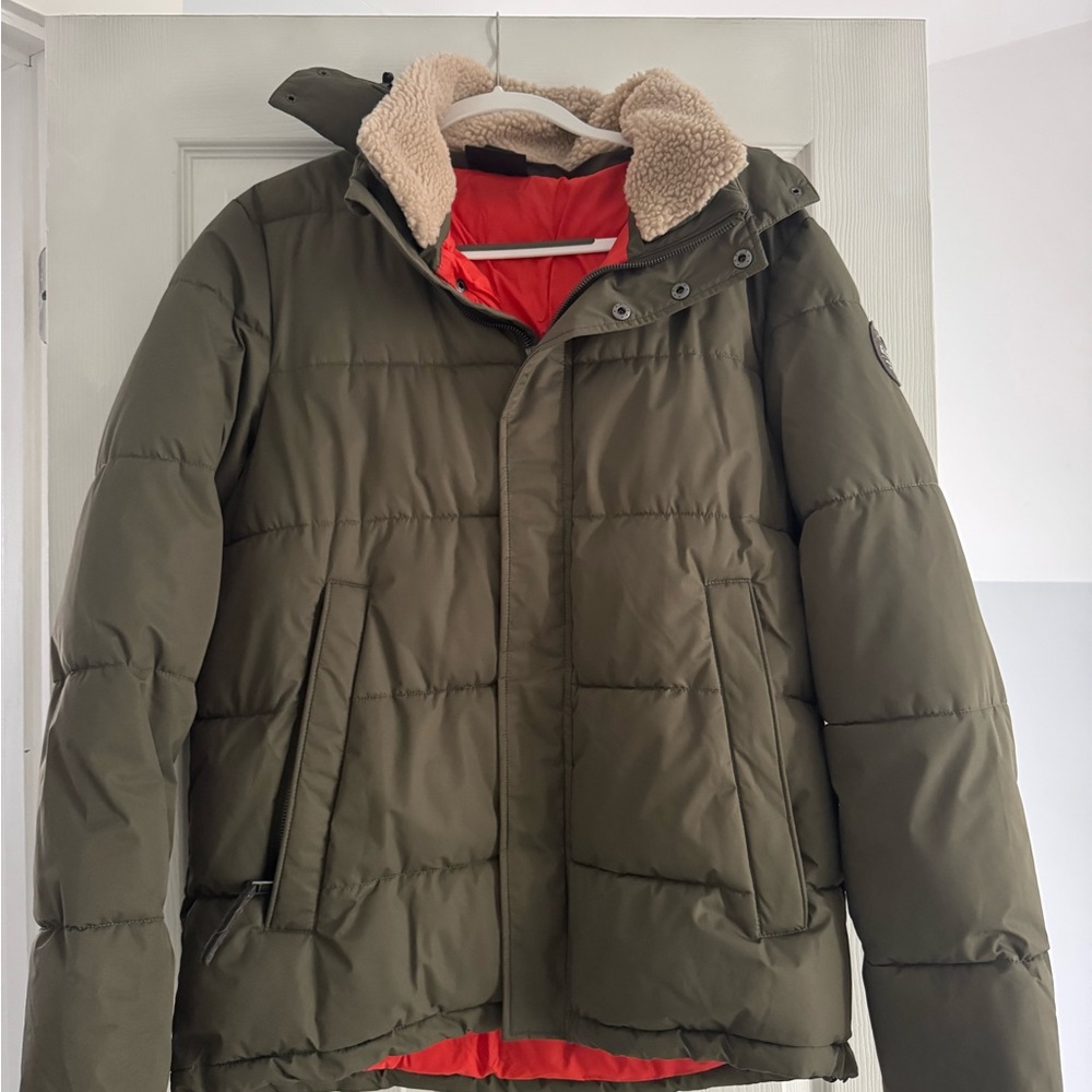 Olive Green Puffer Jacket with Sherpa Lining